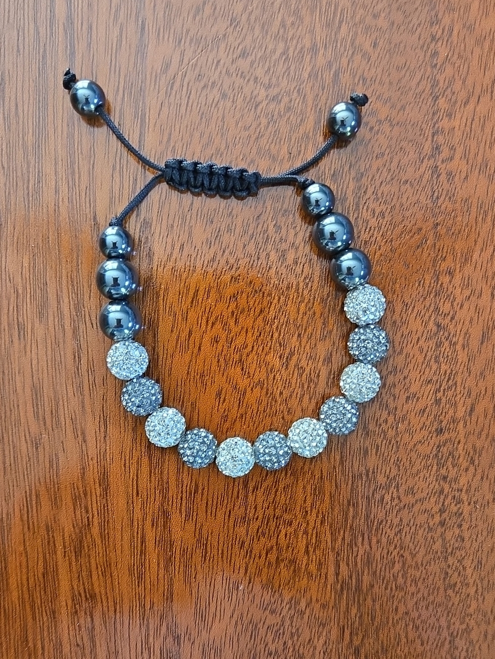 Adjustable Silver and Black Crystal Bead Bracelet - Black Adjustable Rope